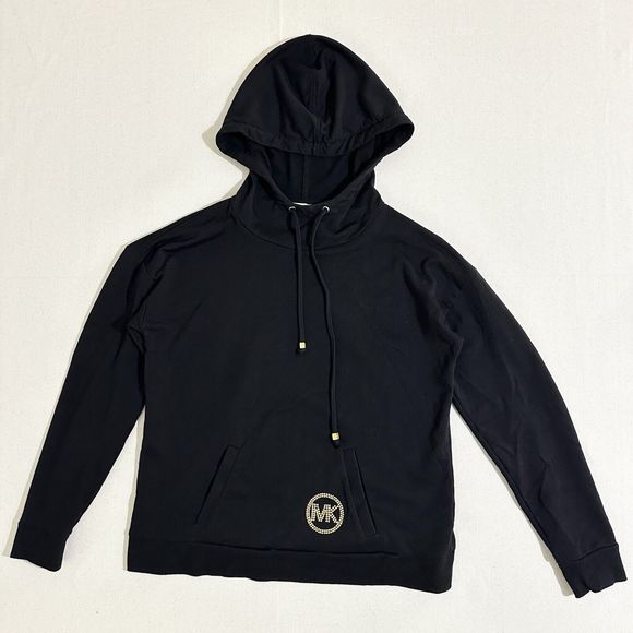 Michael Kors Women’s Black MK Hooded Drawstring Gold Logo Shirt Top Small - Picture 1 of 11